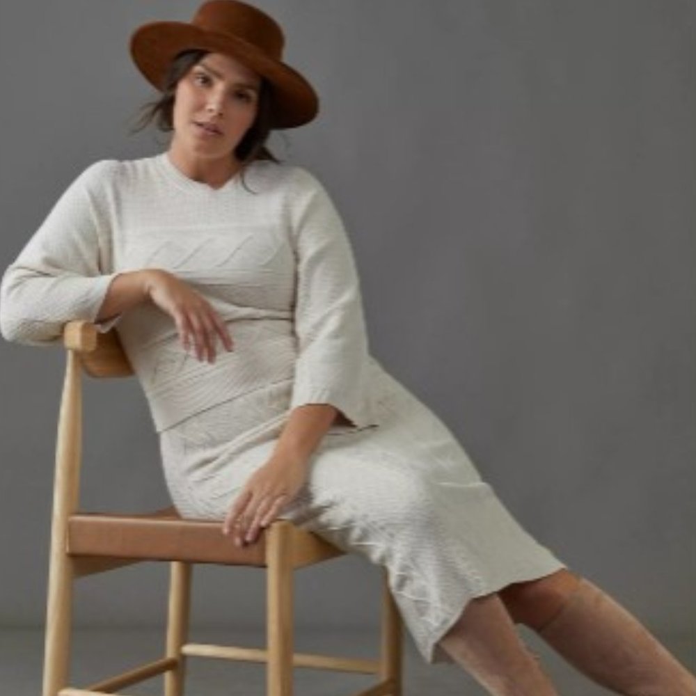 Anthropologie Cream Cable-Knit Midi Dress